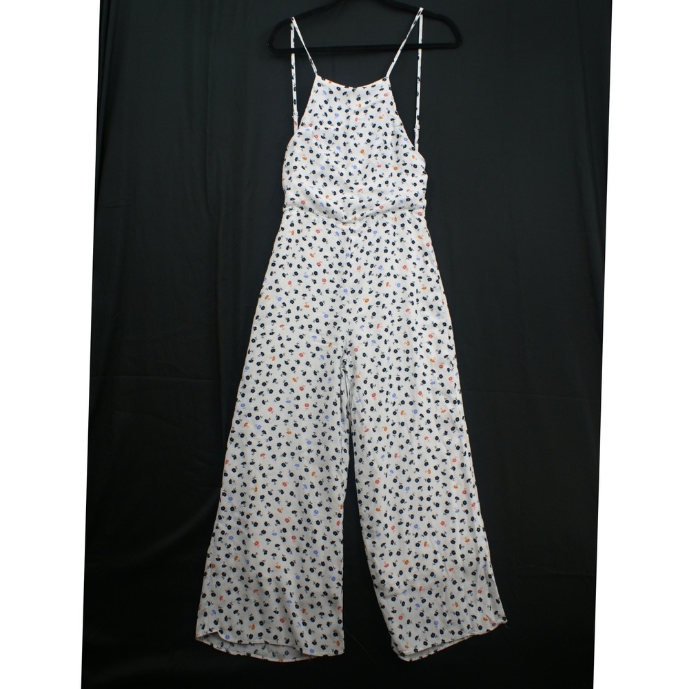 Luca + Grae Floral Wide Leg Open Back Jumpsuit White Navy Blue Orange Medium